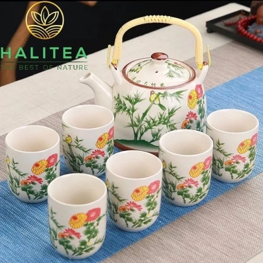 Bộ Ấm Trà Sứ 900ml Quai Xách Lưới Lọc Họa Tiết Sen Cá - Giá ưu đãi 429k 8