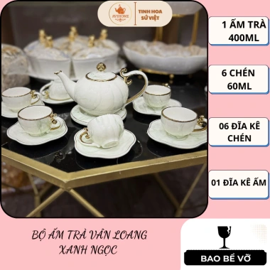 Bộ Ấm Trà Sứ Vân Đá Xanh Viền Vàng - Đĩa Rời Sang Trọng, Giá Ưu Đãi 800k