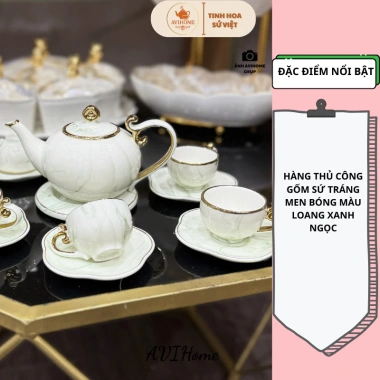Bộ Ấm Trà Sứ Vân Đá Xanh Viền Vàng - Đĩa Rời Sang Trọng, Giá Ưu Đãi 800k