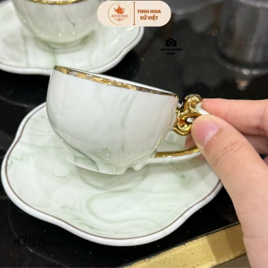 Bộ Ấm Trà Sứ Vân Đá Xanh Viền Vàng - Đĩa Rời Sang Trọng, Giá Ưu Đãi 800k