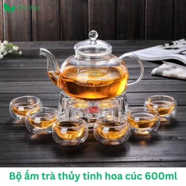 Bộ Ấm Trà Thuỷ Tinh Hoa Cúc 6 Chén Đế Nến - Sang trọng, Giá ưu đãi 68.900