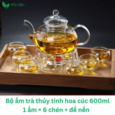 Bộ Ấm Trà Thuỷ Tinh Hoa Cúc 6 Chén Đế Nến - Sang trọng, Giá ưu đãi 68.900