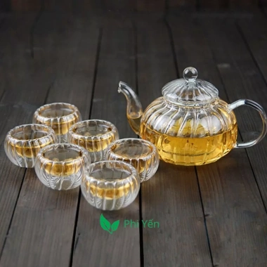 Bộ Ấm Trà Thuỷ Tinh Hoa Cúc 6 Chén Đế Nến - Sang trọng, Giá ưu đãi 68.900