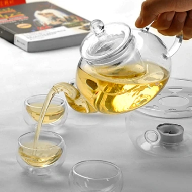 Bộ ấm trà thủy tinh trong suốt 600ml lõi lọc & đế nến sang trọng, giảm giá 155k