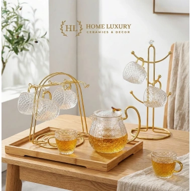Bộ Ấm Trà Thủy Tinh Vảy Rồng Borosilicate Chịu Nhiệt Set Bình Ly Pha Trà Tay Cầm Vàng 90.000₫