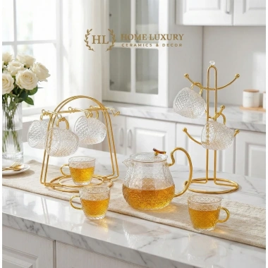 Bộ Ấm Trà Thủy Tinh Vảy Rồng Borosilicate Chịu Nhiệt Set Bình Ly Pha Trà Tay Cầm Vàng 90.000₫