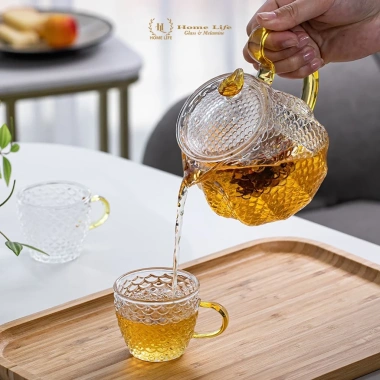 Bộ Ấm Trà Thủy Tinh Vảy Rồng Borosilicate Chịu Nhiệt Set Bình Ly Pha Trà Tay Cầm Vàng 90.000₫
