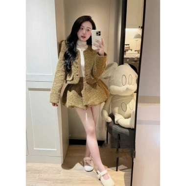 Bộ Áo Dạ Lông Khuy Bọc Cổ Tròn Mix Chân Váy Bí 2 Màu Siêu Xinh Đồ Tết 475k