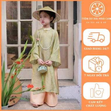 Bộ áo dài bé gái CÁT TƯỜNG màu cốm - áo dài Tết 2.026, giá 295k - nhà Cam C25.836