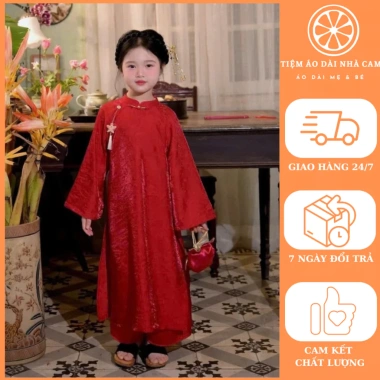 Bộ áo dài bé gái CÁT TƯỜNG màu đỏ - áo dài Tết 2.026 cách tân, chỉ 295k - nhà Cam
