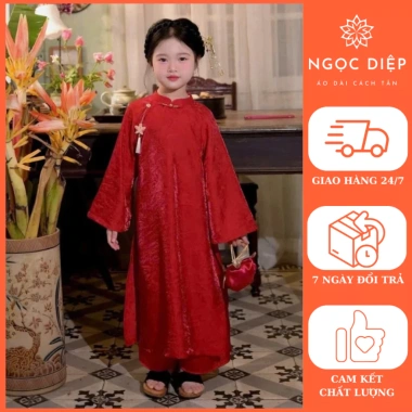 Bộ áo dài bé gái Cát Tường Ngọc Diệp ND25.833 - Áo dài Tết 2.026 màu đỏ, cách tân, giá 295k