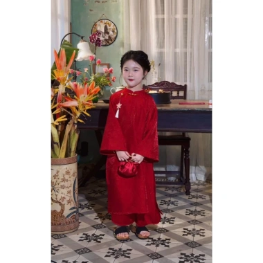 Bộ áo dài bé gái Cát Tường Ngọc Diệp ND25.833 - Áo dài Tết 2.026 màu đỏ, cách tân, giá 295k
