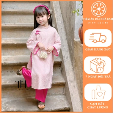 Bộ Áo Dài Bé Gái Hồng Gấm Đính Cúc - Áo Dài Trung Thu và Tết Cam C25.650