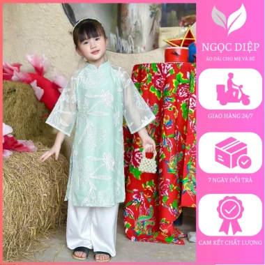 Bộ Áo Dài Bé Gái Mẹ và Bé MB25.653 Vải Tơ Thêu Xanh Áo Dài Trung Thu Tết