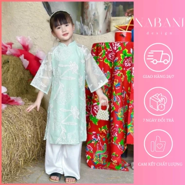 Bộ Áo Dài Bé Gái Nabani NB25.653 - Vải Tơ Thêu Xanh, Thiết Kế Trung Thu và Tết, Giá 252k
