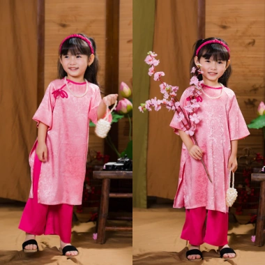 Bộ áo dài bé gái Tết 2.026 màu đỏ cách tân nơ lụa gấm size đại 43kg BIATON KIDS
