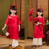 Bộ áo dài bé gái Tết 2.026 màu đỏ cách tân nơ lụa gấm size đại 43kg BIATON KIDS 6