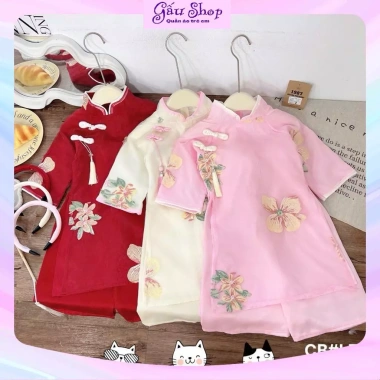 Bộ áo dài cách tân Xuân Lan cúc tầu hoa thêu + bờm cho bé gái lễ tết 152.915₫ 2