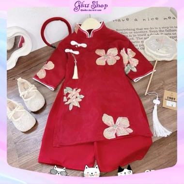 Bộ áo dài cách tân Xuân Lan cúc tầu hoa thêu + bờm cho bé gái lễ tết 152.915₫ 5
