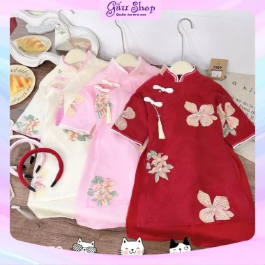 Bộ áo dài cách tân Xuân Lan cúc tầu hoa thêu + bờm cho bé gái lễ tết 152.915₫ 9