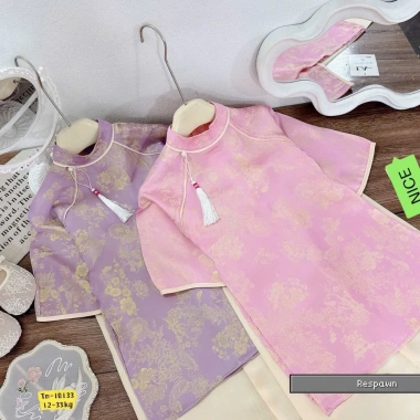 Bộ áo dài Tết bé gái lụa tằm pastel ánh kim - Giá ưu đãi 289k