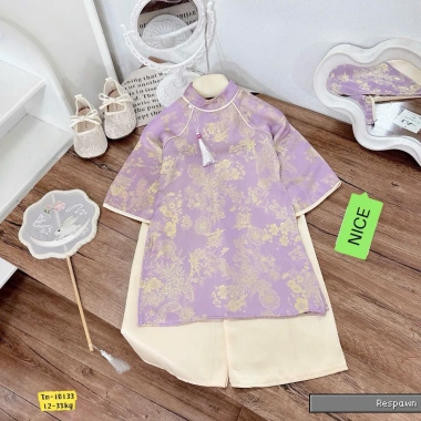 Bộ áo dài Tết bé gái lụa tằm pastel ánh kim - Giá ưu đãi 289k