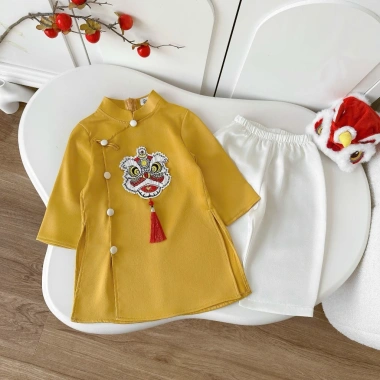 Bộ áo dài tết bé trai hình lân 9-23kg vải lụa sần mềm mịn - Giá ưu đãi 335.000đ 4