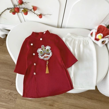 Bộ áo dài tết bé trai hình lân 9-23kg vải lụa sần mềm mịn - Giá ưu đãi 335.000đ 5