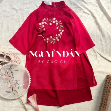 Bộ áo dài tết cúc chi cho bé gái - tơ lụa mềm mịn, tặng kèm bờm, giá chỉ 325.000 10