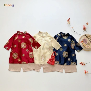 Bộ Áo Dài Tết Gấm FBABY 2 Lớp Vân Thỏ cho Bé Trai & Bé Gái – Chất liệu cao cấp, Giá ưu đãi 385.000đ 2
