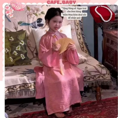 Bộ áo dài Tết Ngọc Linh bé gái 8-30kg, tơ lụa ánh kim, kèm vòng cổ, khanh và quần-140.000₫ 2