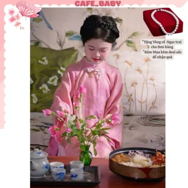 Bộ áo dài Tết Ngọc Linh bé gái 8-30kg, tơ lụa ánh kim, kèm vòng cổ, khanh và quần-140.000₫ 5