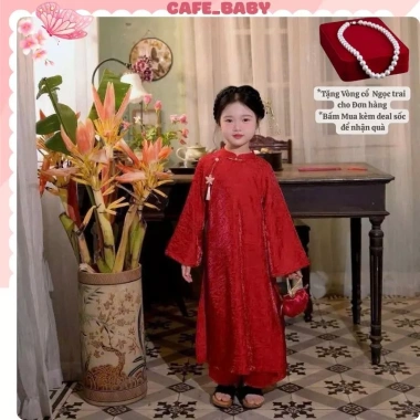 Bộ áo dài Tết Ngọc Linh bé gái 8-30kg, tơ lụa ánh kim, kèm vòng cổ, khanh và quần-140.000₫ 7