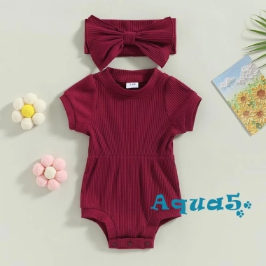 Bộ Áo Liền Quần Tay Ngắn Màu Trơn và Băng Đô Nơ Thời Trang cho Bé Gái, vải thấm hút ẩm, độ bền cao, thiết kế đẹp mắt, giá ưu đãi 135k 2
