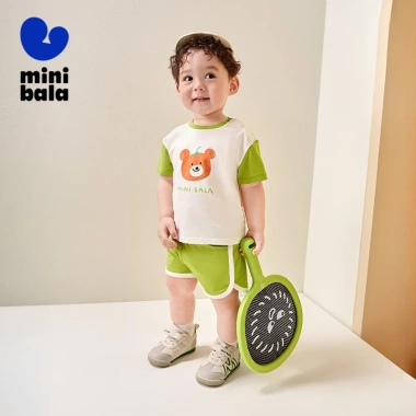 Bộ áo ngắn tay cotton minibala Unisex cho bé Quần short hai mảnh dễ thương mùa hè 2