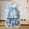 Bộ áo vest trẻ em không tay Cami bé gái và quần short lưới mỏng bé trai hoạt hình homewear giảm giá 20% 10