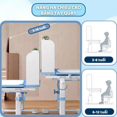Bộ bàn ghế học sinh Sakawin A16 – Bàn học chống gù, nâng tay quay, bé 3‑15 tuổi, 1.45 triệu