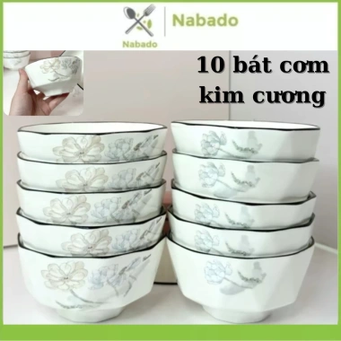 Bộ bát ăn cơm kim cương hoa cúc gốm sứ, chén dĩa trắng – giá chỉ 150.000₫