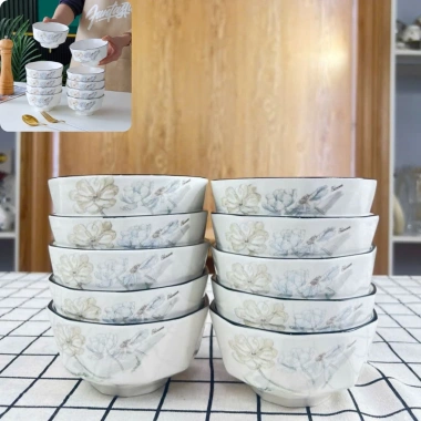 Bộ bát ăn cơm kim cương hoa cúc gốm sứ, chén dĩa trắng – giá chỉ 150.000₫