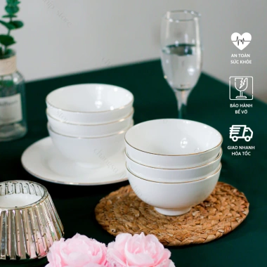 Bộ bát cơm viền vàng thật 12k sứ Minh Châu 6-10 món - Set chén ăn cao cấp, Vỡ 1 đổi 1, 153.300 VND