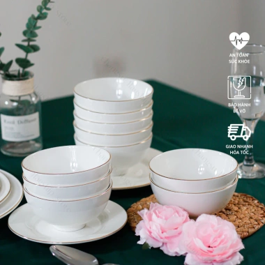 Bộ bát cơm viền vàng thật 12k sứ Minh Châu 6-10 món - Set chén ăn cao cấp, Vỡ 1 đổi 1, 153.300 VND