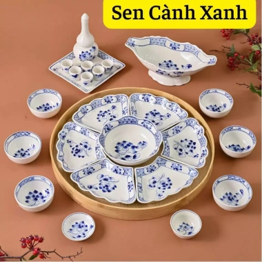 Bộ bát cúng gia tiên gốm sứ Bát Tràng - hoa mặt trời, Sen Cạnh Xanh, bát đĩa thờ cúng, thắp hương, giảm giá 399.000đ