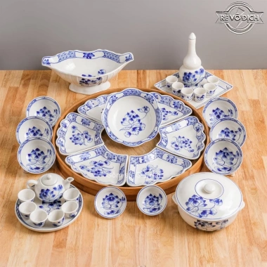 Bộ bát cúng gia tiên gốm sứ Bát Tràng - hoa mặt trời, Sen Cạnh Xanh, bát đĩa thờ cúng, thắp hương, giảm giá 399.000đ
