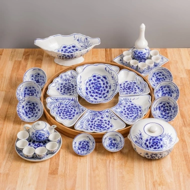 Bộ bát cúng gia tiên gốm sứ Bát Tràng, hoa mặt trời, thờ cúng, thắp hương, Cẩm Tú Cầu, Giá 900.000
