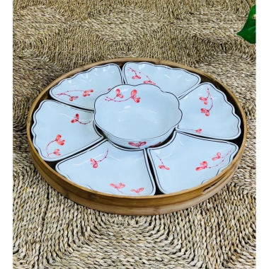 Bộ bát ddiax mặt trời thờ cúng, vẽ hoa hồng đỏ, xếp tròn 45cm sứ Bát Tràng 199k