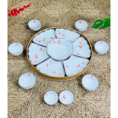 Bộ bát ddiax mặt trời thờ cúng, vẽ hoa hồng đỏ, xếp tròn 45cm sứ Bát Tràng 199k