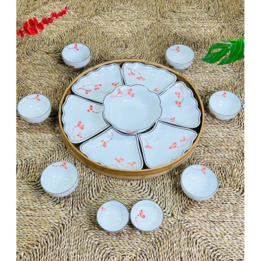 Bộ bát ddiax mặt trời thờ cúng, vẽ hoa hồng đỏ, xếp tròn 45cm sứ Bát Tràng 199k