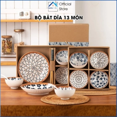 Bộ Bát Đĩa 13 Món Hoa Văn Nhật Bản Cao Cấp - Quà Tặng Sang Trọng, Giá 150.000₫