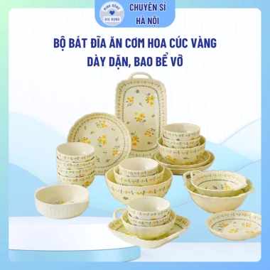 Bộ bát đĩa ăn cơm HOA CÚC VÀNG gốm sứ mai vàng - Vintage, giảm giá 17.000đ