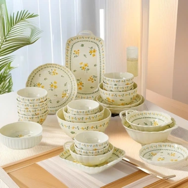 Bộ Bát Đĩa Cao Cấp Hoa Mai Vàng Men Bóng Mịn - Đẹp Sang Trọng, Giá Ưu Đãi 129k